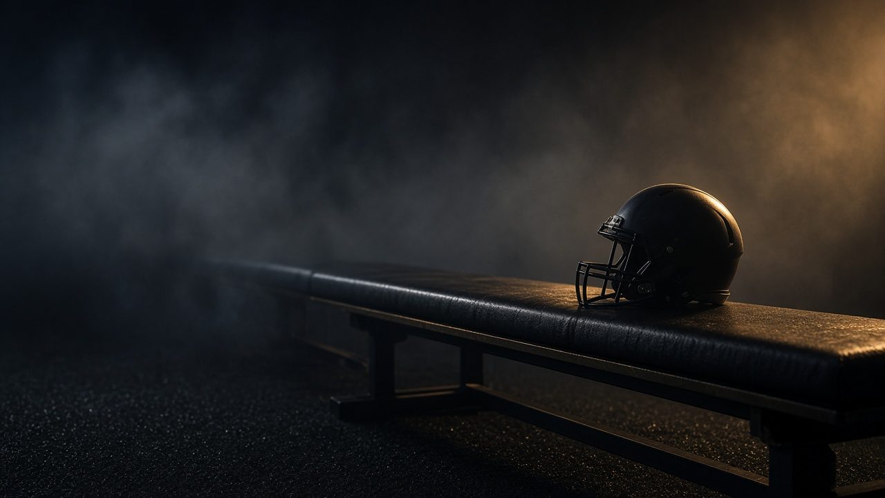 Helmet on a dark sideline bench