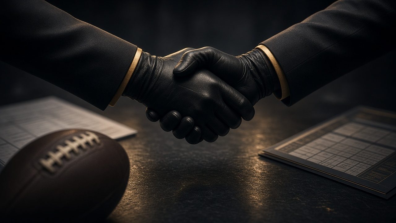 Trade handshake over a football ledger